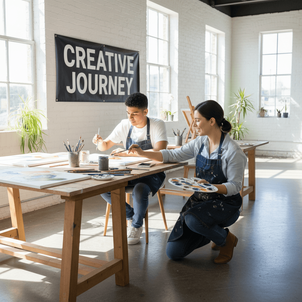 Instructor kneeling beside a participant painting at a table in a bright studio