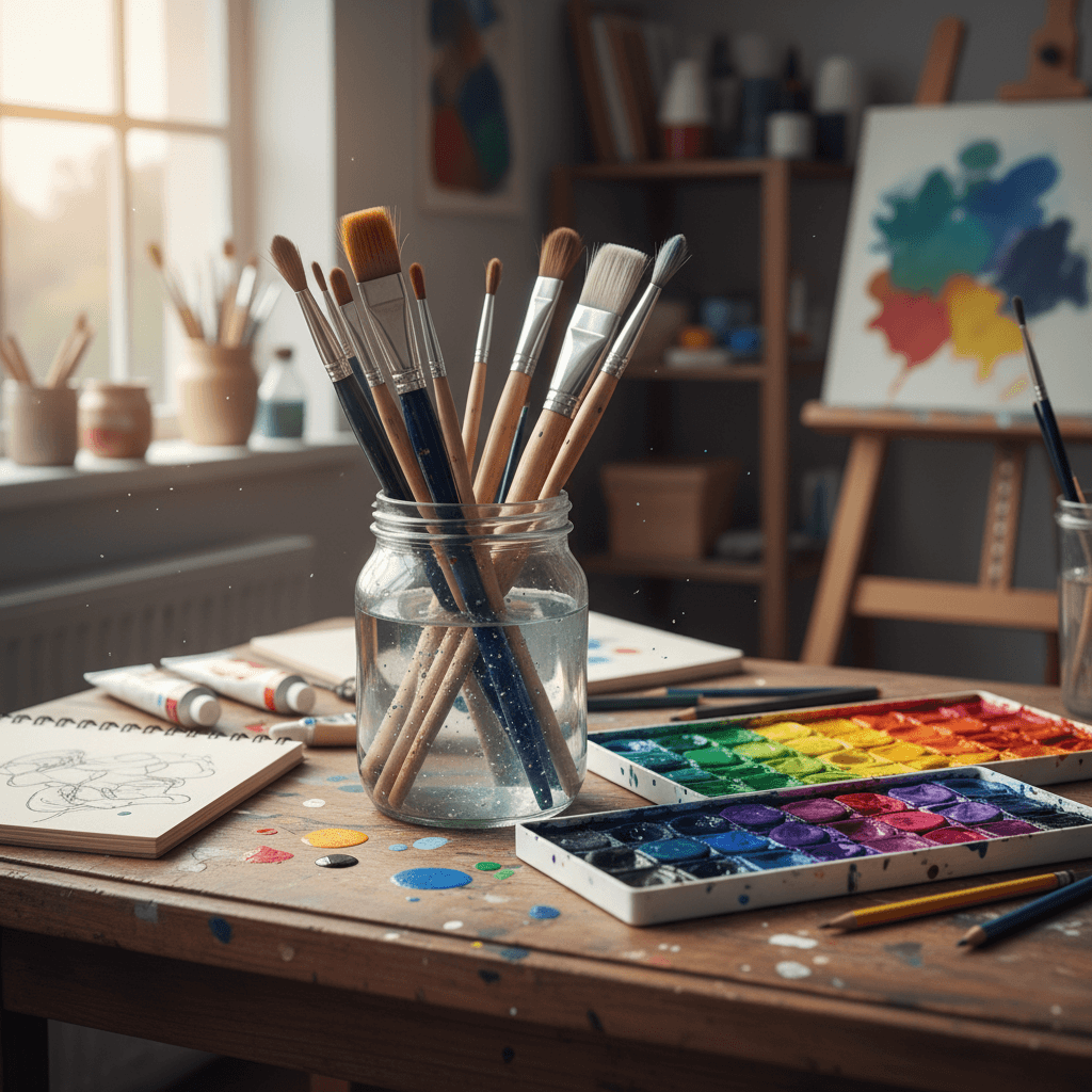 Paintbrushes and watercolor palette on an art studio table