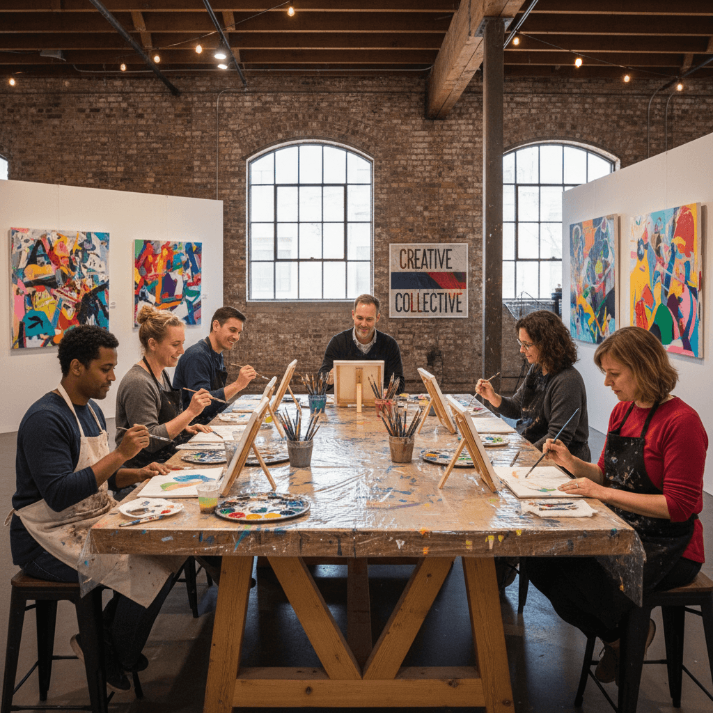 Small group of adults painting together at a wooden table