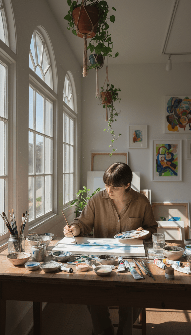 Person painting with watercolors at a table in a bright art studio