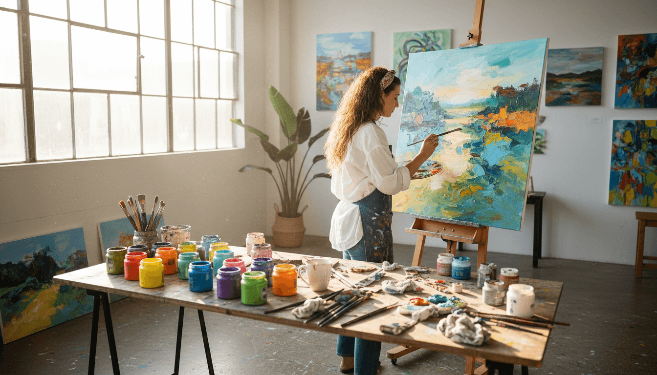 Woman painting on a canvas in a bright art studio with natural light, surrounded by colorful paints and brushes