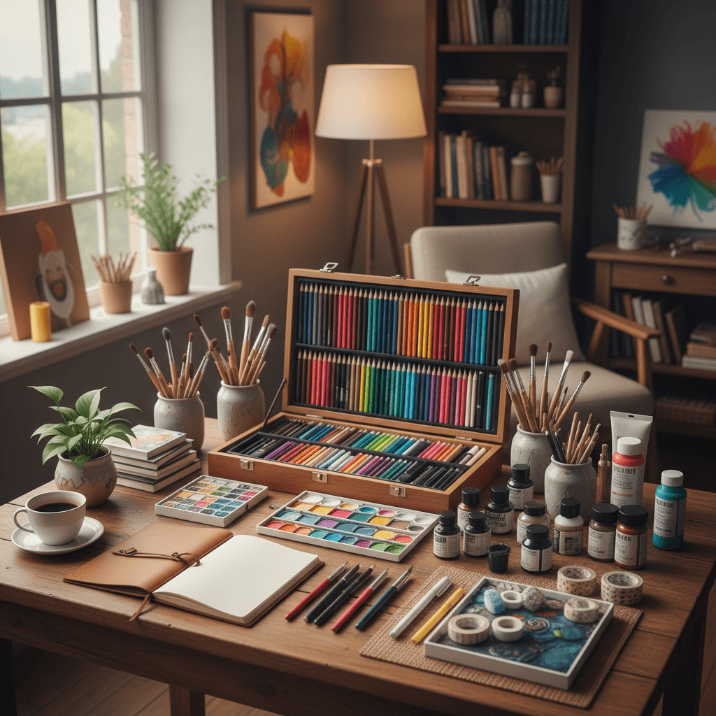 Art supplies arranged on a table in a cozy studio