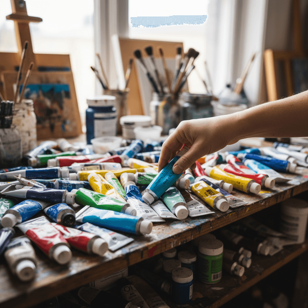 Person choosing paint tubes from a colorful collection on a shelf