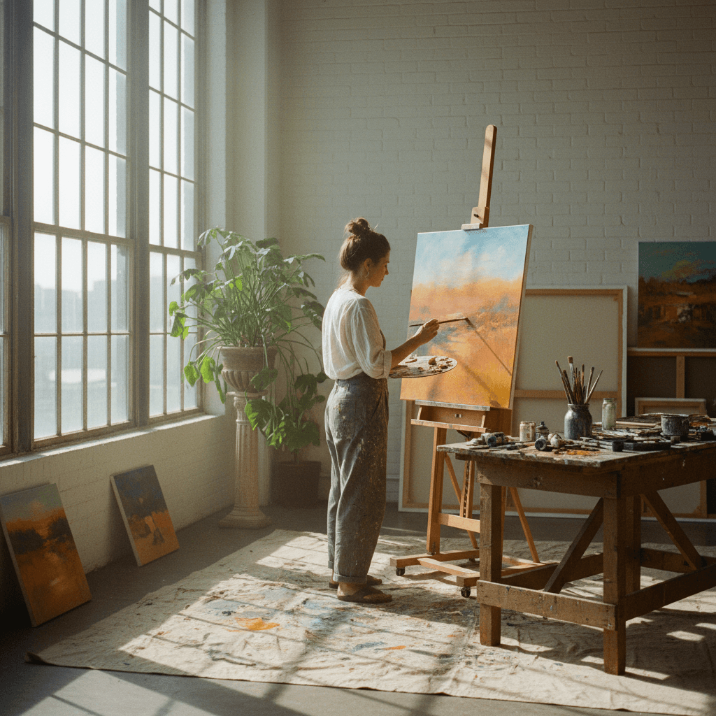 Person painting at an easel in a bright art studio