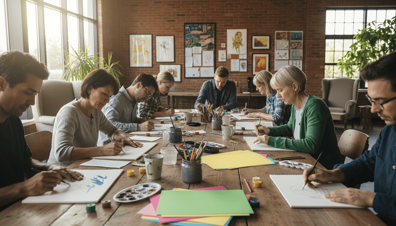 Group of people painting together in a cozy creative workshop space