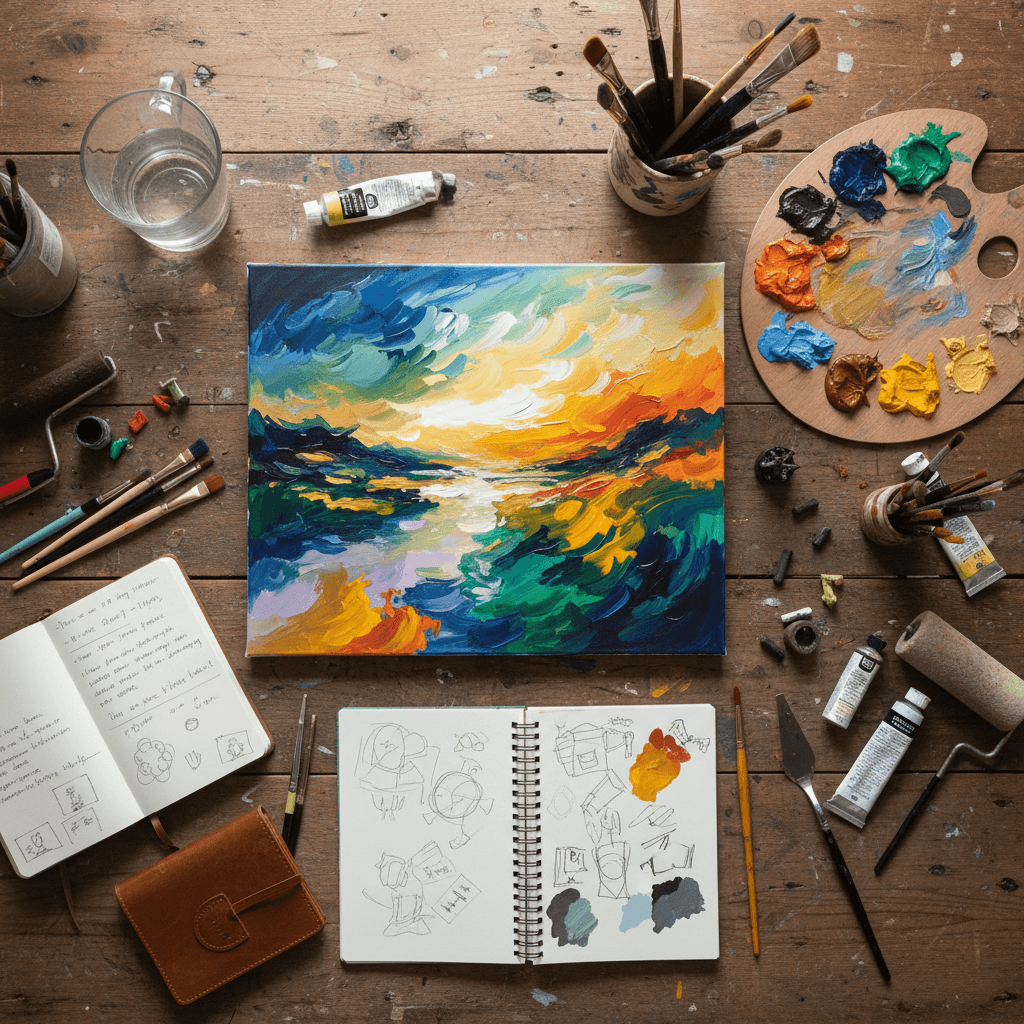Art supplies like brushes, paints, and sketchbooks arranged on a wooden table
