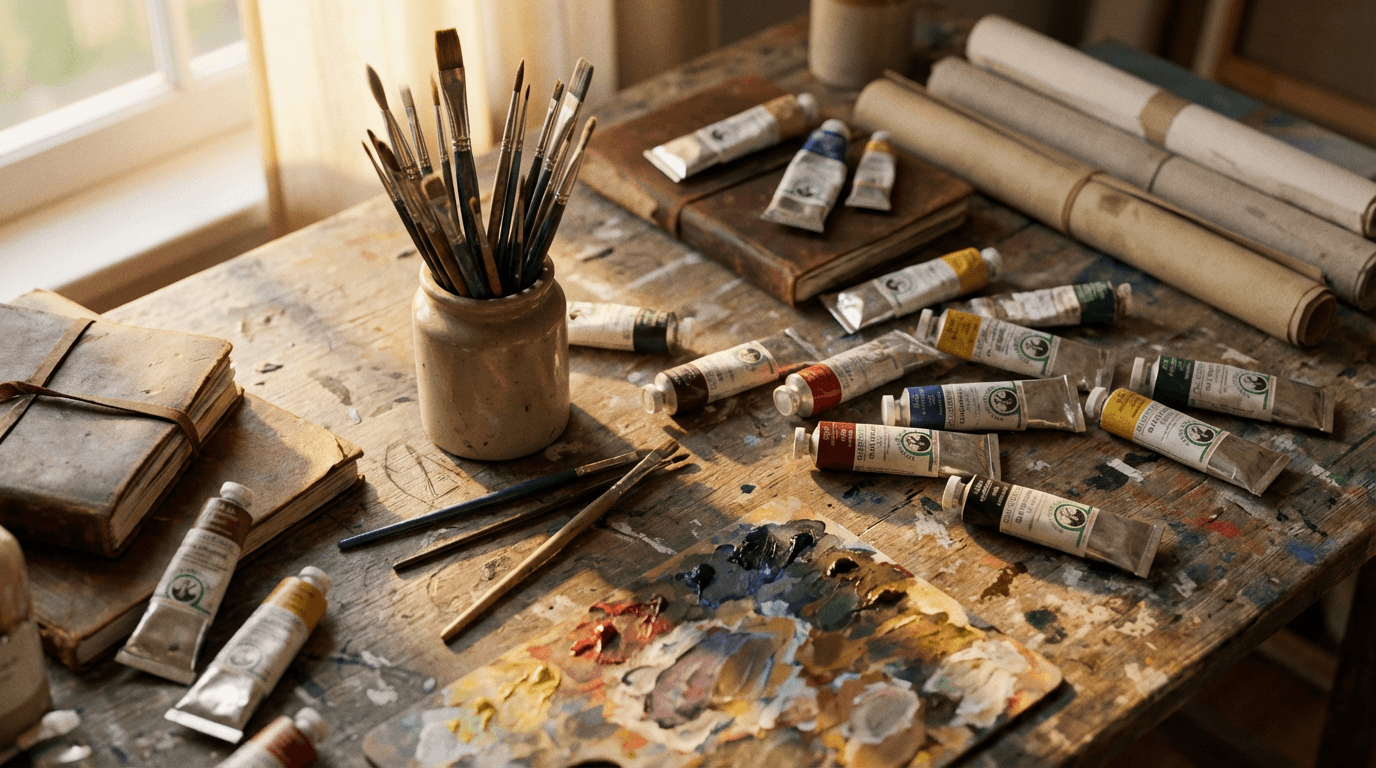 Watercolor paints and brushes laid out on a bright art studio table