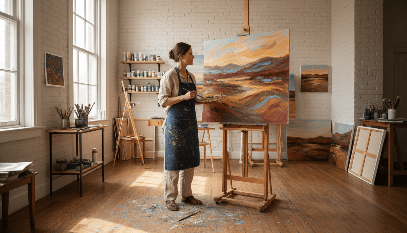 Participant painting at an easel in a bright, welcoming art studio in Toronto