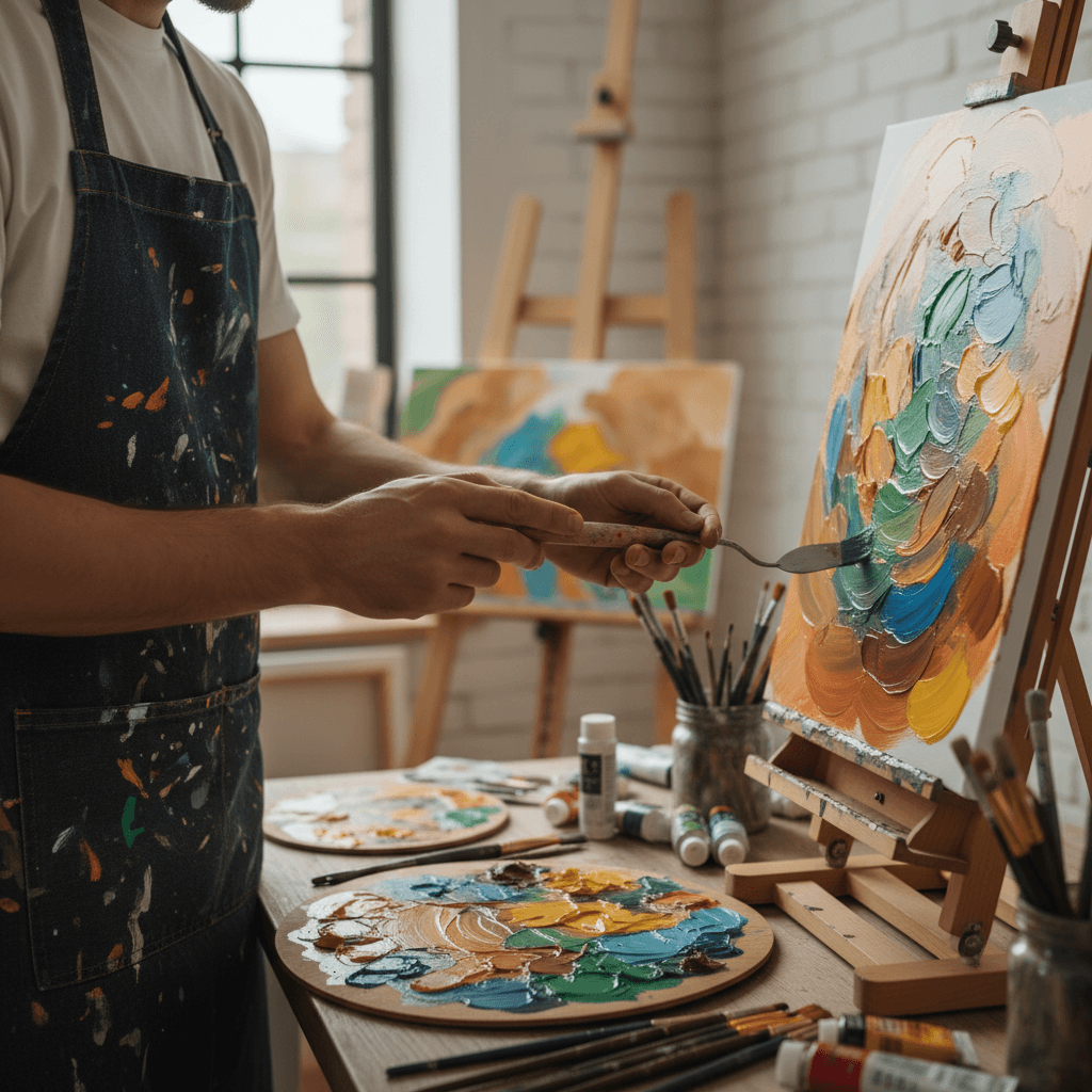 Person painting with watercolor at a bright studio table with natural light