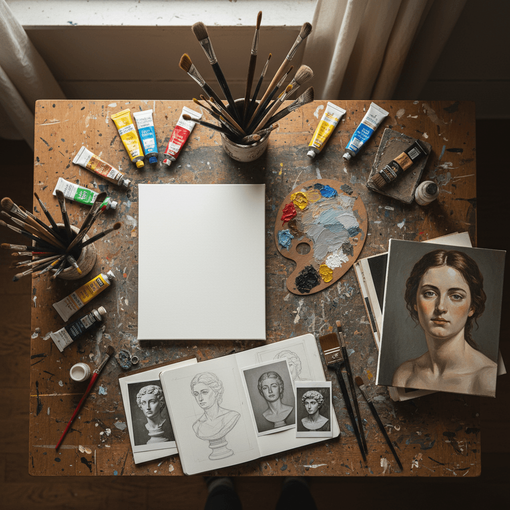 Colorful paint supplies spread on a wooden table in a bright art studio