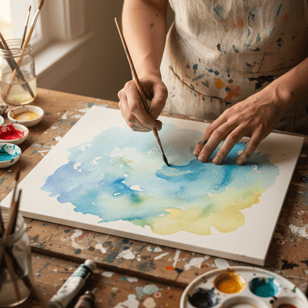 Hands painting with watercolors at a table with art supplies in warm light