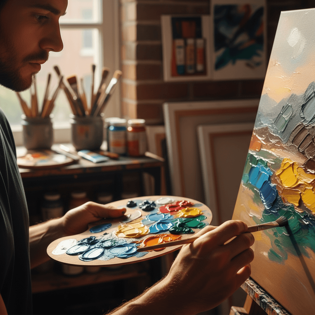 Close-up of hands holding a paintbrush applying acrylic paint to canvas