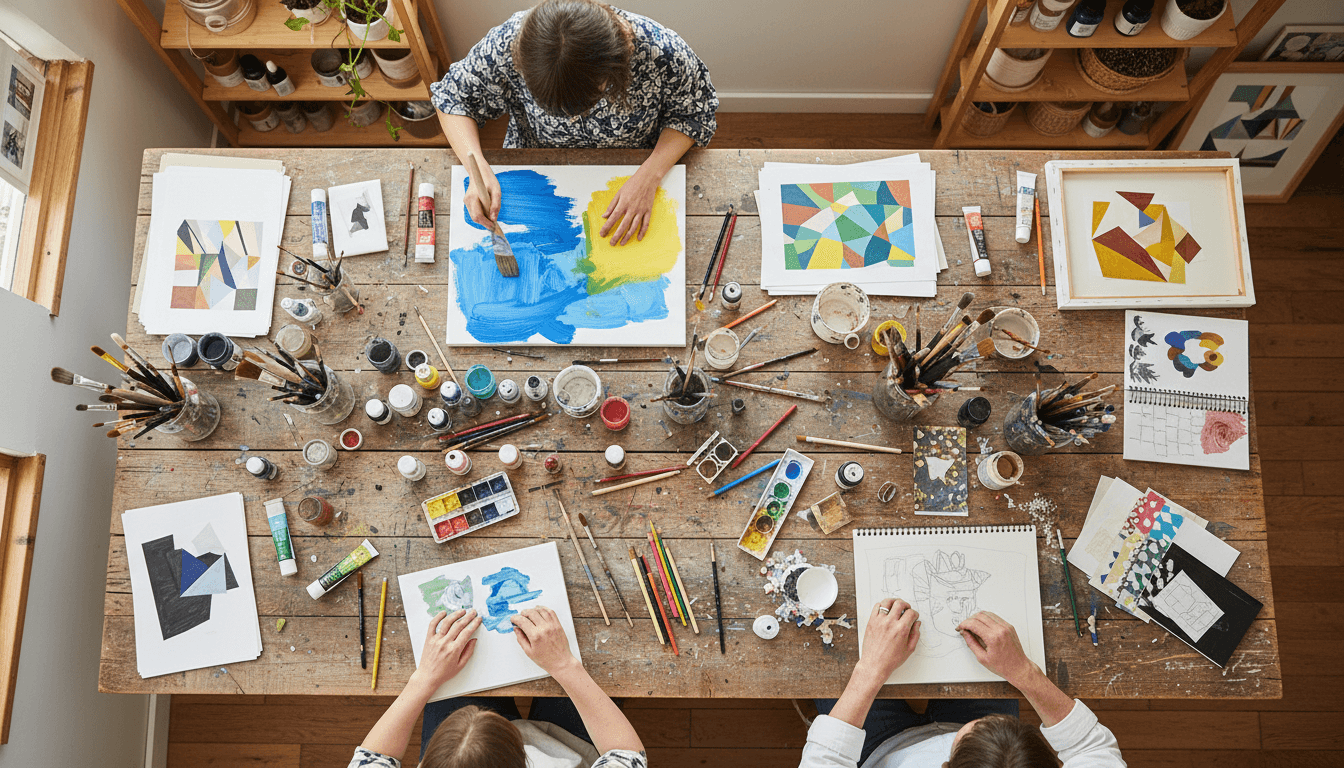 Group of people painting at a bright art studio table with colorful supplies