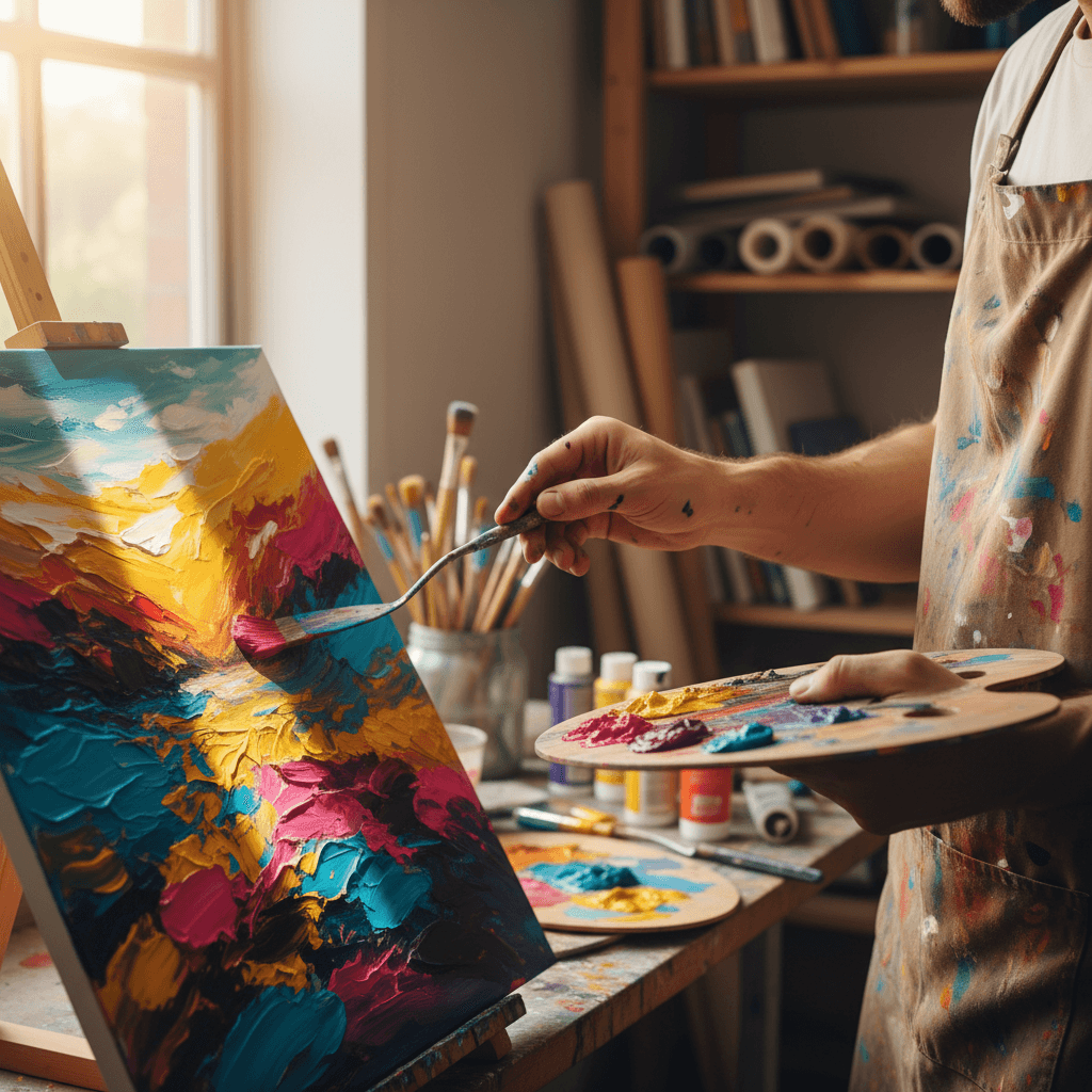 Artist painting on canvas in a bright studio with natural light and colorful paint supplies