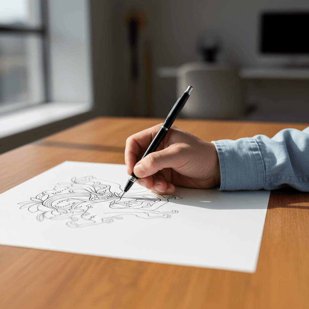 Ink sketch showing expressive line work